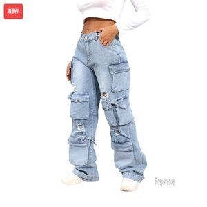 High Waist Baggy Cargo Jeans, Y2K Streetwear, Cotton Blend, Size S-3XL